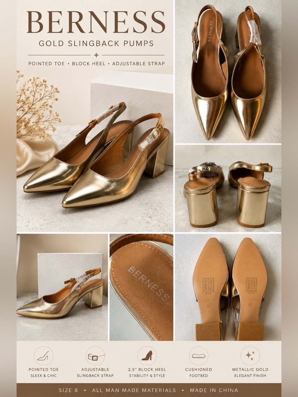 BERNESS Gold Metallic Slingback Pointed Toe Block Heel Pumps Size 8